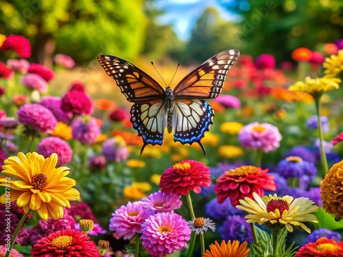 Aerial Photography of Majestic Butterfly Dancing Among Vibrant Flowers in a Lush Garden