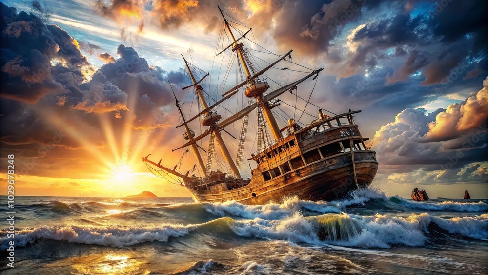 Obraz premium A weathered wooden sailing ship struggles against tumultuous waves and a dramatic sunset sky, its masts reaching towards the heavens amidst the fury of nature.