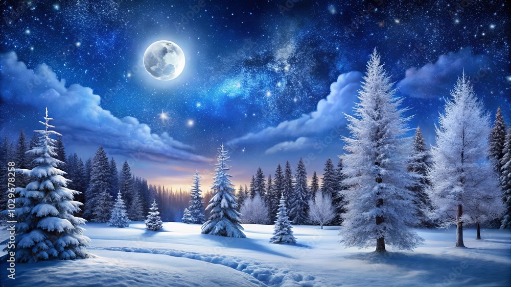 A frosted winter landscape under a luminous moon and a sky teeming with stars, where a blanket of snow transforms the forest into a serene and magical realm. A frosted winter landscape under a luminous moon and a sky teeming with stars, where a blanket of snow transforms the forest into a serene and magical realm.