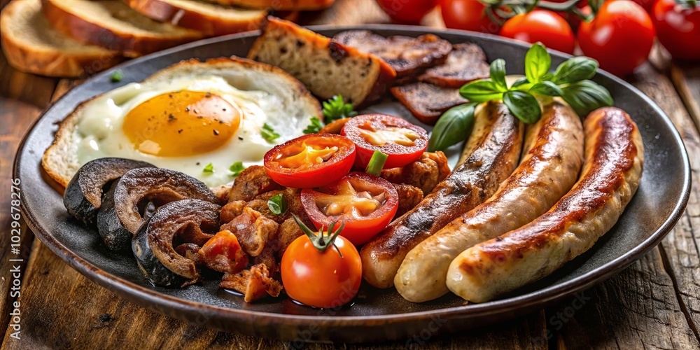 A Plate of Perfectly Grilled Sausages, Served with a Fried Egg, Toasted Bread, and Fresh Cherry Tomatoes A Plate of Perfectly Grilled Sausages, Served with a Fried Egg, Toasted Bread, and Fresh Cherry Tomatoes