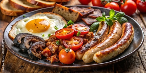 A Plate of Perfectly Grilled Sausages, Served with a Fried Egg, Toasted Bread, and Fresh Cherry Tomatoes