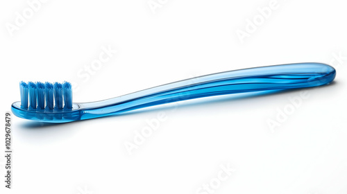 Blue Toothbrush Lies On A White Surface With Bristles Up