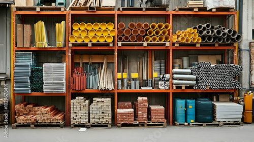 Building Materials Organized on Metal Shelves for Construction Projects photo