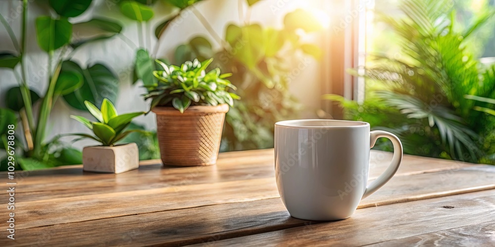 A solitary white mug rests on a weathered wooden table, bathed in the warm glow of sunlight filtering through lush green foliage. A solitary white mug rests on a weathered wooden table, bathed in the warm glow of sunlight filtering through lush green foliage.