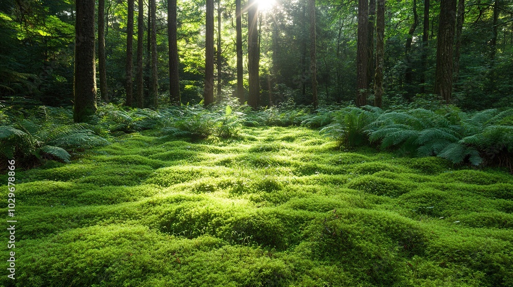Obraz premium Serene Forest with Lush Green Moss Under Sunlight