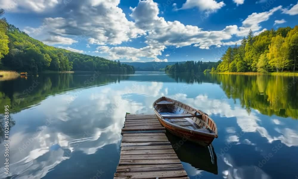 a colorful summer view by the lake, clear blue sky reflecting on the calm water, surrounded by lush green trees. A wooden pier stretches out into the water with a rowboat tied to it a colorful summer view by the lake, clear blue sky reflecting on the calm water, surrounded by lush green trees. A wooden pier stretches out into the water with a rowboat tied to it