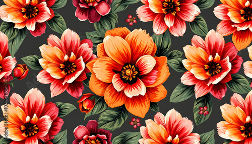 Seamless faux digital painted floral pattern print. High quality illustration. Procedural painting with realistic brush strokes in impressionistic style. Abstract art for surface design and print is