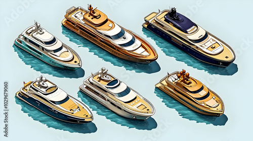 Six Luxury Yachts on a Turquoise Ocean Background