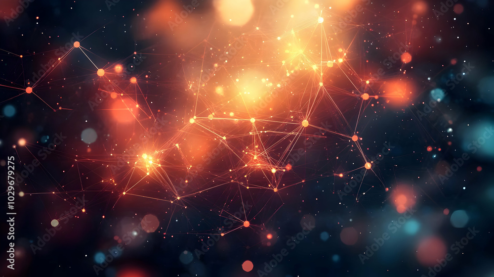 Obraz premium Abstract background with network connection lines and dots with bokeh lights