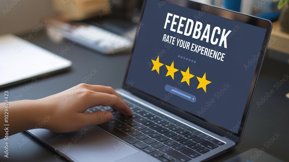 Hand using laptop for feedback and rating experience with stars on the screen. Hand using laptop for feedback and rating experience with stars on the screen.