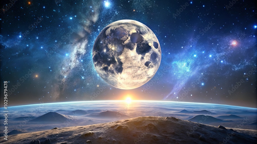 A celestial landscape with a large moon, a rising sun, and a vibrant galaxy above a desolate rocky surface A celestial landscape with a large moon, a rising sun, and a vibrant galaxy above a desolate rocky surface