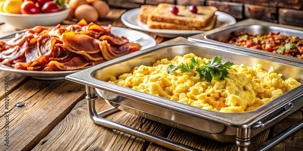 A silver chafing dish filled with a generous portion of fluffy scrambled eggs, garnished with fresh parsley, sits amidst a rustic wooden table setting, surrounded by other breakfast dishes. A silver chafing dish filled with a generous portion of fluffy scrambled eggs, garnished with fresh parsley, sits amidst a rustic wooden table setting, surrounded by other breakfast dishes.