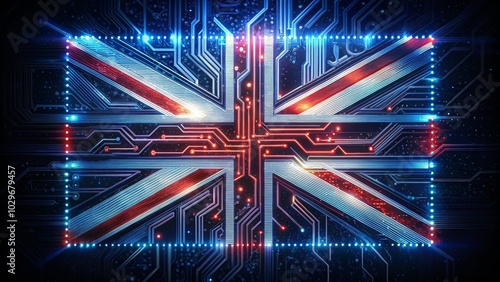 The Union Jack Flag Represented in a Digital Circuit Board with Glowing Red and Blue Lines