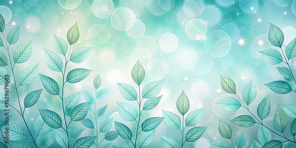 Fototapeta premium A Serene Tapestry of Delicate Veined Leaves and Softly Glowing Circles on a Background of Tranquil Teal