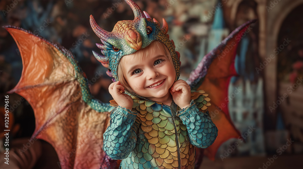 Child dressed as a dragon, with colorful scales and wings, smiling and posing playfully. The background shows a medieval castle scene with fantasy details Child dressed as a dragon, with colorful scales and wings, smiling and posing playfully. The background shows a medieval castle scene with fantasy details