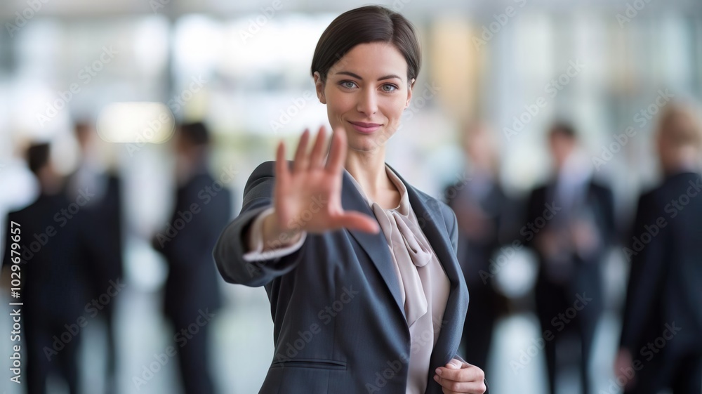 Confident businesswoman in a suit signaling to stop, blurred background of colleagues. Confident businesswoman in a suit signaling to stop, blurred background of colleagues.