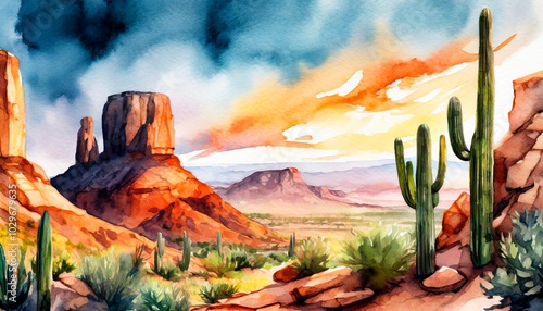 Desert Saguaro Cactus Mountain Range Landscape