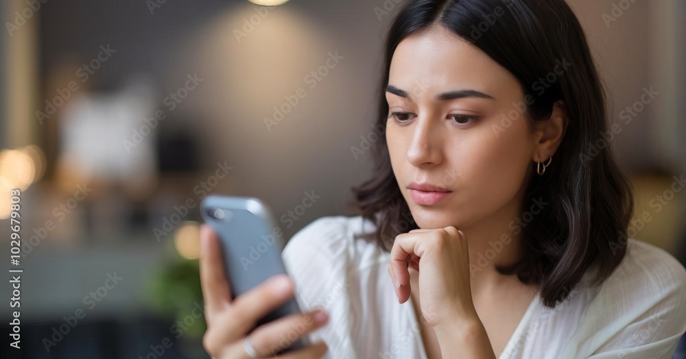Young woman focused on smartphone in a modern, casual setting. Young woman focused on smartphone in a modern, casual setting.
