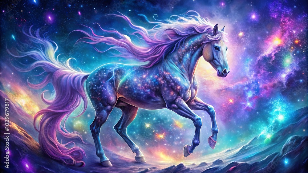 A celestial steed with a cosmic coat, its mane and tail a cascade of stardust, gallops across a canvas of shimmering nebulae and twinkling stars. A celestial steed with a cosmic coat, its mane and tail a cascade of stardust, gallops across a canvas of shimmering nebulae and twinkling stars.