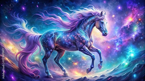 A celestial steed with a cosmic coat, its mane and tail a cascade of stardust, gallops across a canvas of shimmering nebulae and twinkling stars.