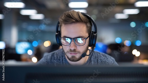 Focused young man wearing headset, working on a computer in a modern office.