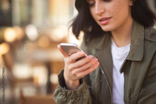 Young woman using smartphone in a casual setting, focused on her device.