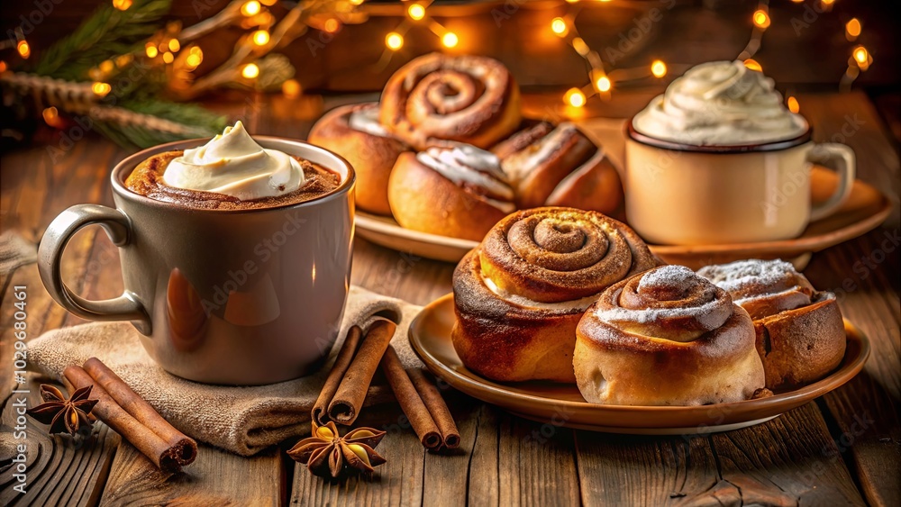 Warm cinnamon rolls and a cup of creamy hot beverage, invitingly arranged on a rustic wooden table, bathed in the soft glow of twinkling lights. Warm cinnamon rolls and a cup of creamy hot beverage, invitingly arranged on a rustic wooden table, bathed in the soft glow of twinkling lights.