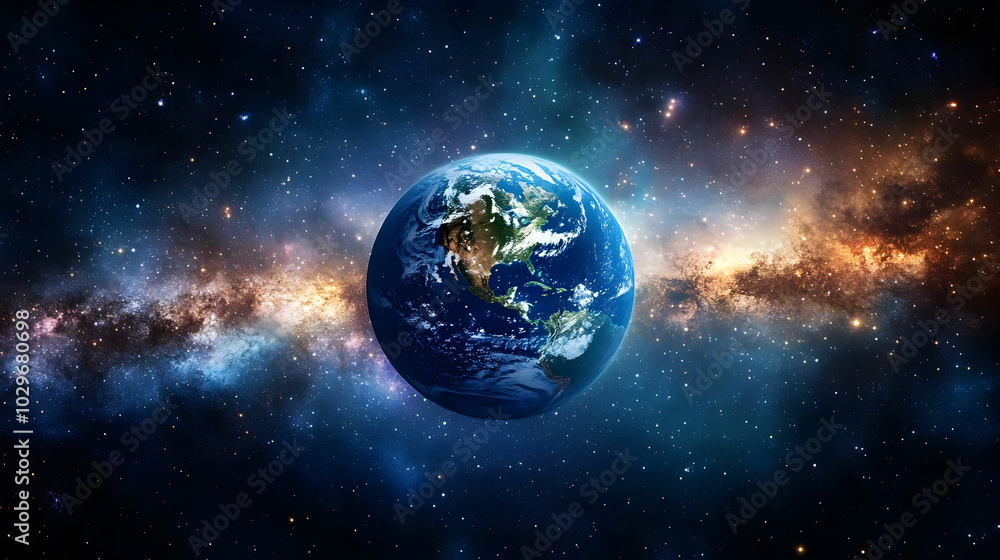 Obraz premium Blue Planet Earth Rotates in the Vast Expanse of Space with Twinkling Stars