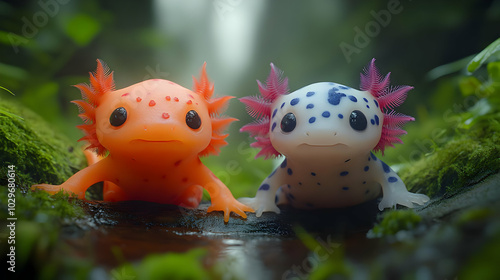 Two Cute Axolotls Pose for the Camera in a Lush Forest Setting, One with Orange and Red Spots and the Other with Blue and White Spots, Showing Their Unique Beauty and Charm