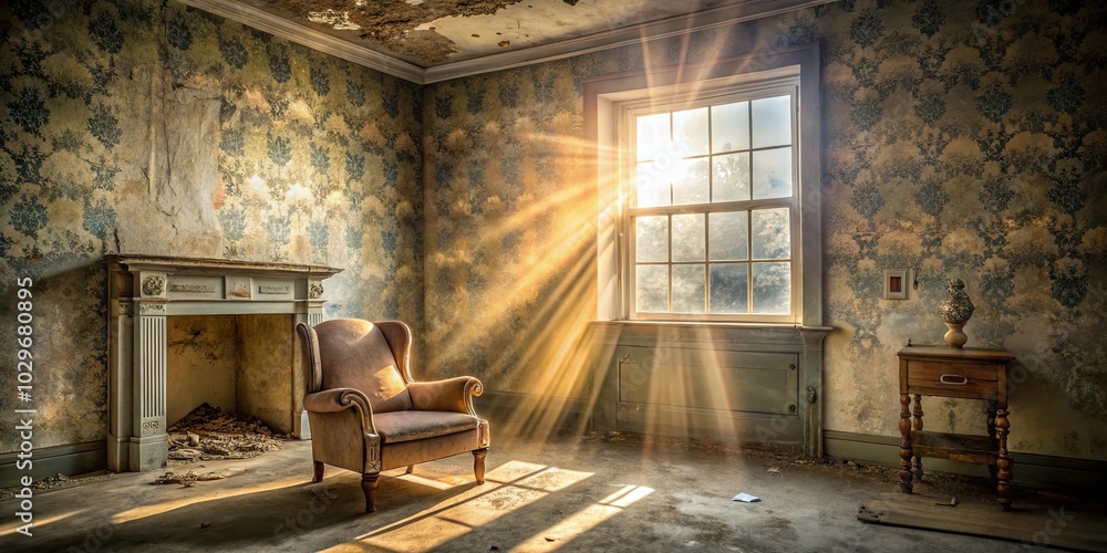 A solitary armchair bathed in golden light from a window, in a room with peeling wallpaper and a fireplace, evokes a sense of forgotten grandeur and the passage of time. A solitary armchair bathed in golden light from a window, in a room with peeling wallpaper and a fireplace, evokes a sense of forgotten grandeur and the passage of time.