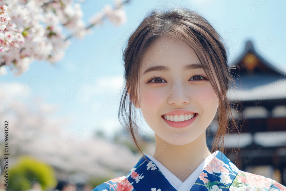 Japanese woman smile wearing traditional korean hanbok cloth in cherry blossom Japanese woman smile wearing traditional korean hanbok cloth in cherry blossom