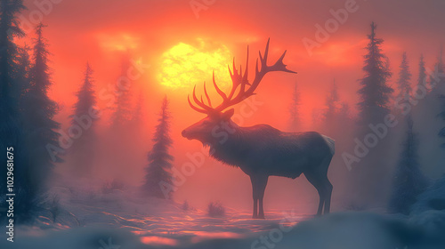 Majestic Elk Stands Tall in a Misty Winter Forest During a Dramatic Sunset with a Large Red Sun