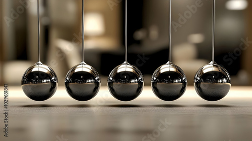 Five Metallic Silver Balls Hang on Strings in a 3D Rendered Image of a Newton's Cradle