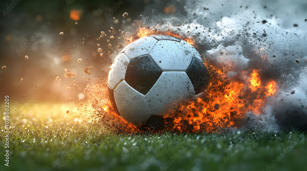 Fototapeta premium Soccer Ball Exploding in Flames and Smoke on Green Grass Field - 4K Abstract Background Animation