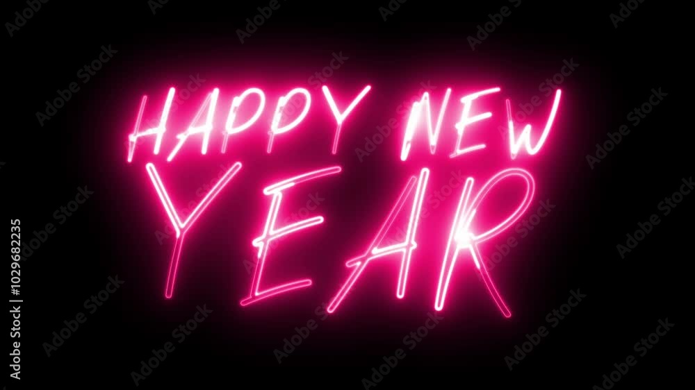 Happy New Year neon sign. Happy New Year text font with light. Luminous and shimmering haze inside the letters of the text Happy New Year. Christmas concept. Happy New Year neon sign. Happy New Year text font with light. Luminous and shimmering haze inside the letters of the text Happy New Year. Christmas concept.