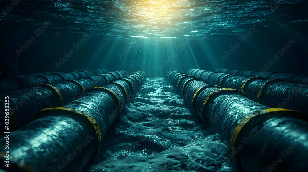 Underwater Pipelines Stretch Across the Ocean Floor Toward Distant Light Underwater Pipelines Stretch Across the Ocean Floor Toward Distant Light
