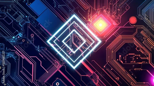 Wallpaper Mural A bright white glowing square hovers over a dark blue and pink circuit board Torontodigital.ca