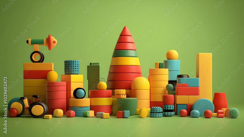 Colorful Wooden Toy Blocks and Cones Arranged in a Playful Cityscape Design - Abstract Background Animation Colorful Wooden Toy Blocks and Cones Arranged in a Playful Cityscape Design - Abstract Background Animation