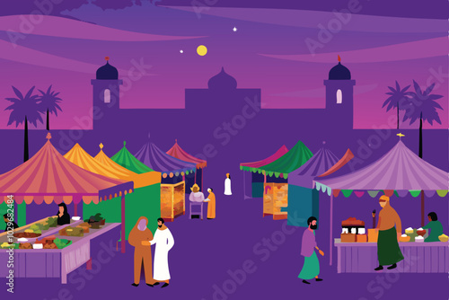 Vibrant vector illustration of a bustling Middle Eastern street market at dusk with colorful tents, merchants, and customers.