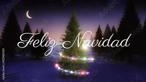 Animation of snow falling over feliz navidad texy and christmas tree over winter scenery background photo