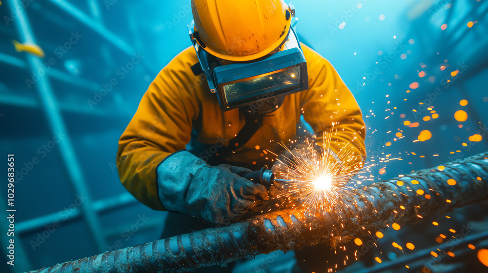 A skilled worker wearing protective gear performs welding on metal, creating sparks in a dimly lit industrial setting. Focused craftsmanship and safety are paramount. A skilled worker wearing protective gear performs welding on metal, creating sparks in a dimly lit industrial setting. Focused craftsmanship and safety are paramount.