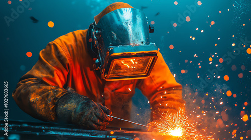 A welder in protective gear working on a metal piece, sparks flying in a dark workshop, showcasing the artistry and precision of industrial welding. photo