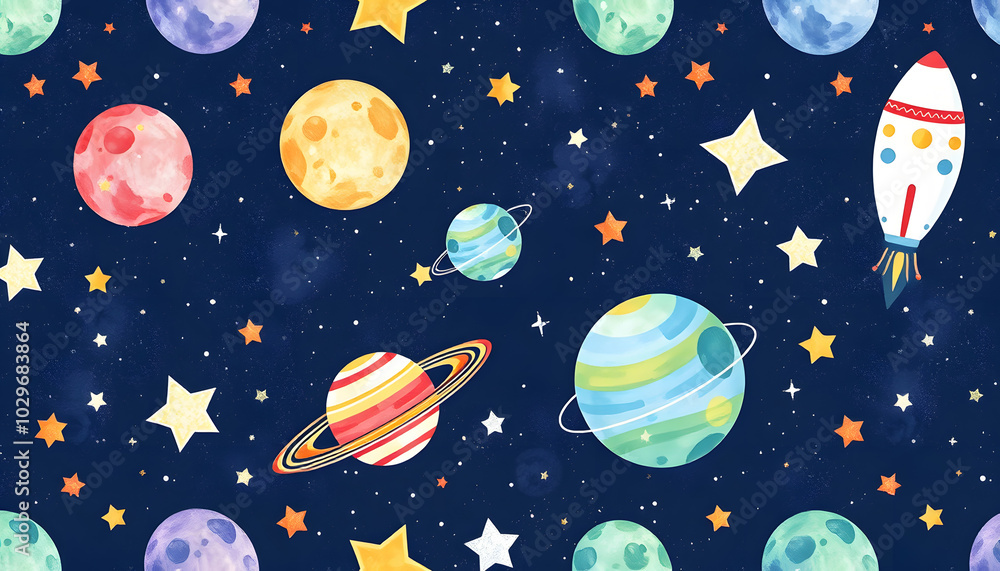 Naklejka premium seamless pattern with space, stars, planets, cute watercolor childrens illustration isolated with white highlights, png