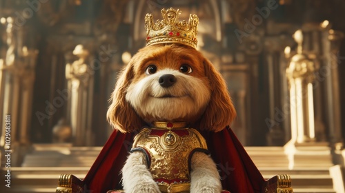 A regal dog wearing a crown and royal attire, sitting on a throne.