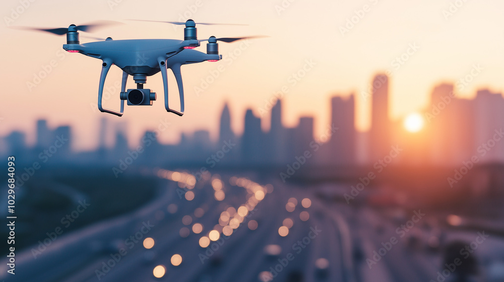 Highway With Cars And A Drone Flying Over The City. Highway With Cars And A Drone Flying Over The City.