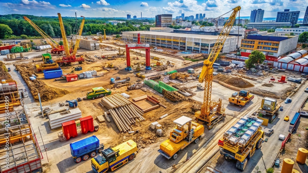 Aerial View of Construction Site with Heavy Machinery and Building Materials for Efficient Project Management