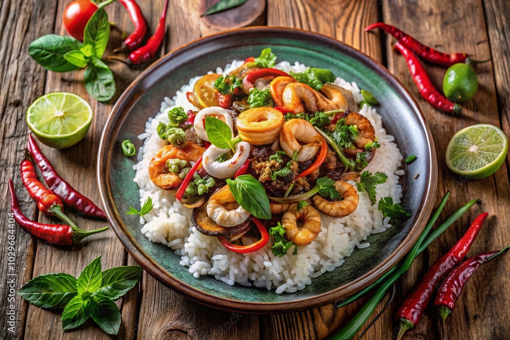 Aerial View of Delicious Fried Basil Shrimp with Squid on Rice for Culinary Enthusiasts Aerial View of Delicious Fried Basil Shrimp with Squid on Rice for Culinary Enthusiasts