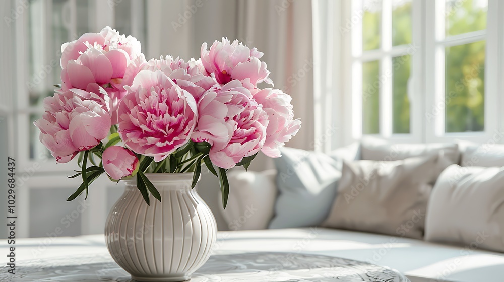 Bouquet of beautiful pink peonies in vase on table in room Bouquet of beautiful pink peonies in vase on table in room