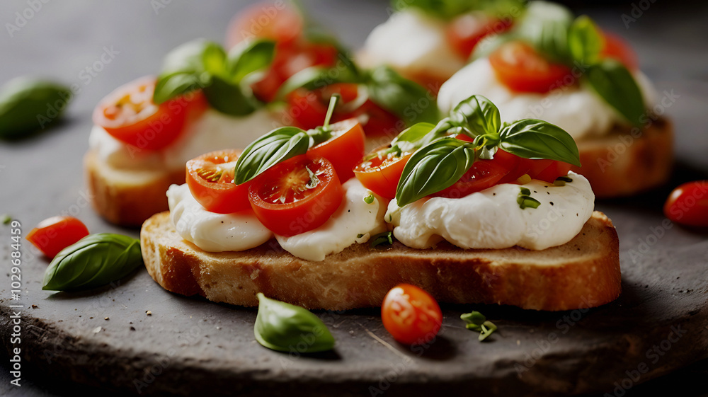 Delicious Bruschettas with fresh tomatoes and mozzarella
Delicious Bruschettas with fresh tomatoes and mozzarella