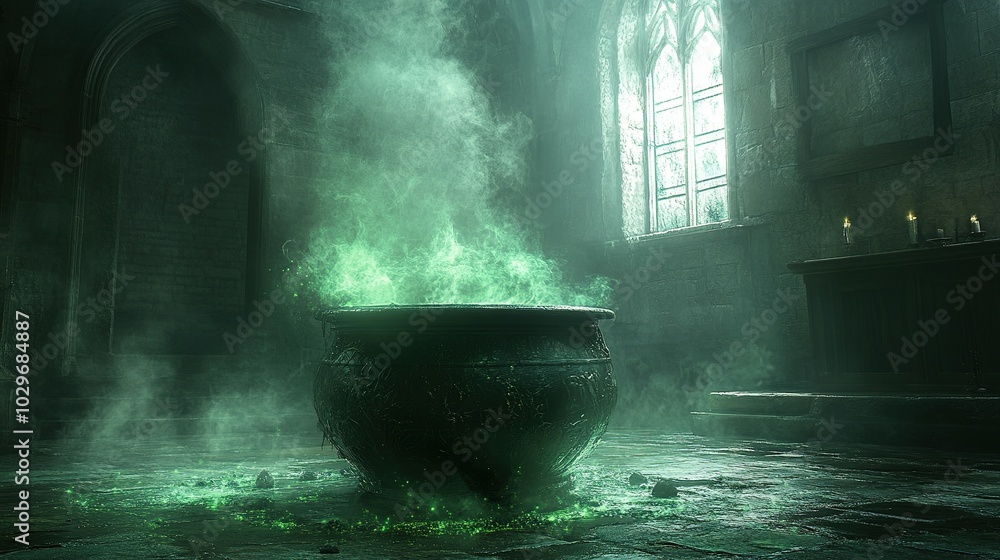 A Black Cauldron Steaming Green Smoke in a Stone Chamber A Black Cauldron Steaming Green Smoke in a Stone Chamber